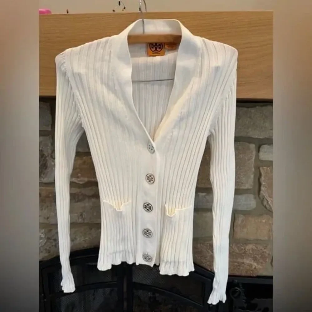 Tory Burch 100% cotton Cardigan white Ribbed silver logo Buttons Sz S
